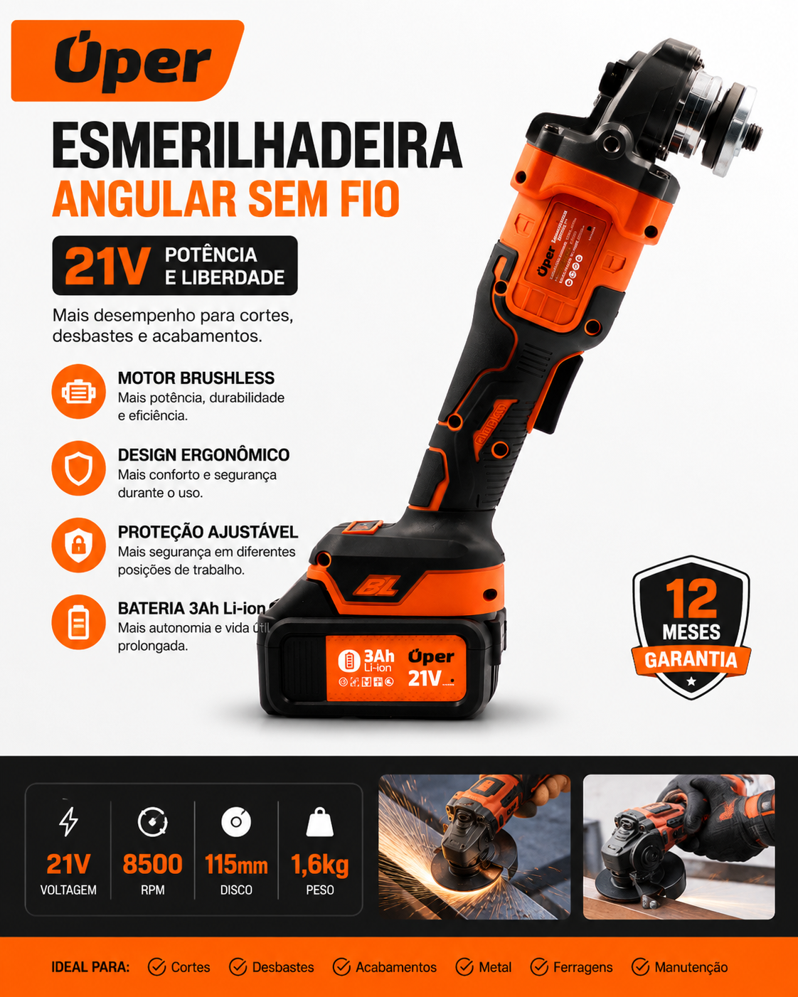 Esmerilhadeira Angular Sem Fio Úper 21V