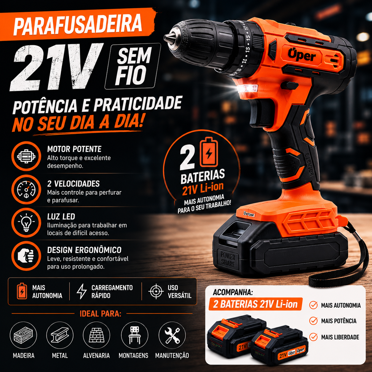 Parafusadeira e Furadeira Sem Fio Úper 21V